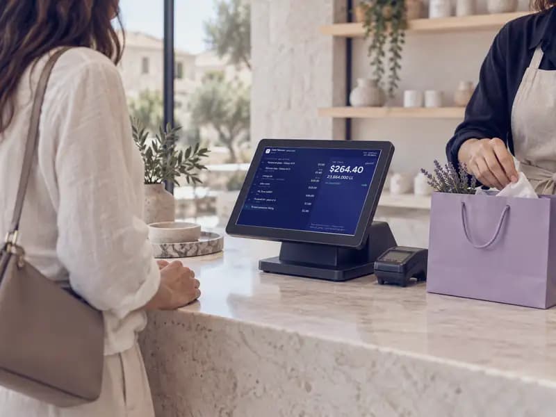 Customer display: A second screen on the same computer shows the customer the total, in both currencies.