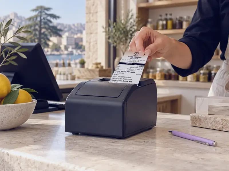 Receipt printer: Any 58 or 80 mm printer. Headings and footer in Arabic and English.