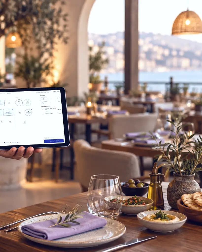 A waiter holds up a tablet showing the restaurant’s table plan.