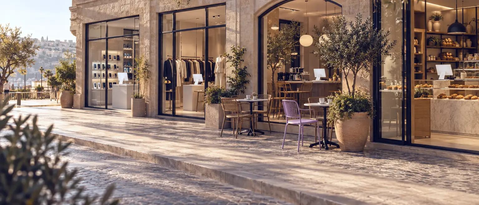 A row of shops in a sandstone street: fashion, electronics, a café and a bakery, each with a Vertex Suite counter.