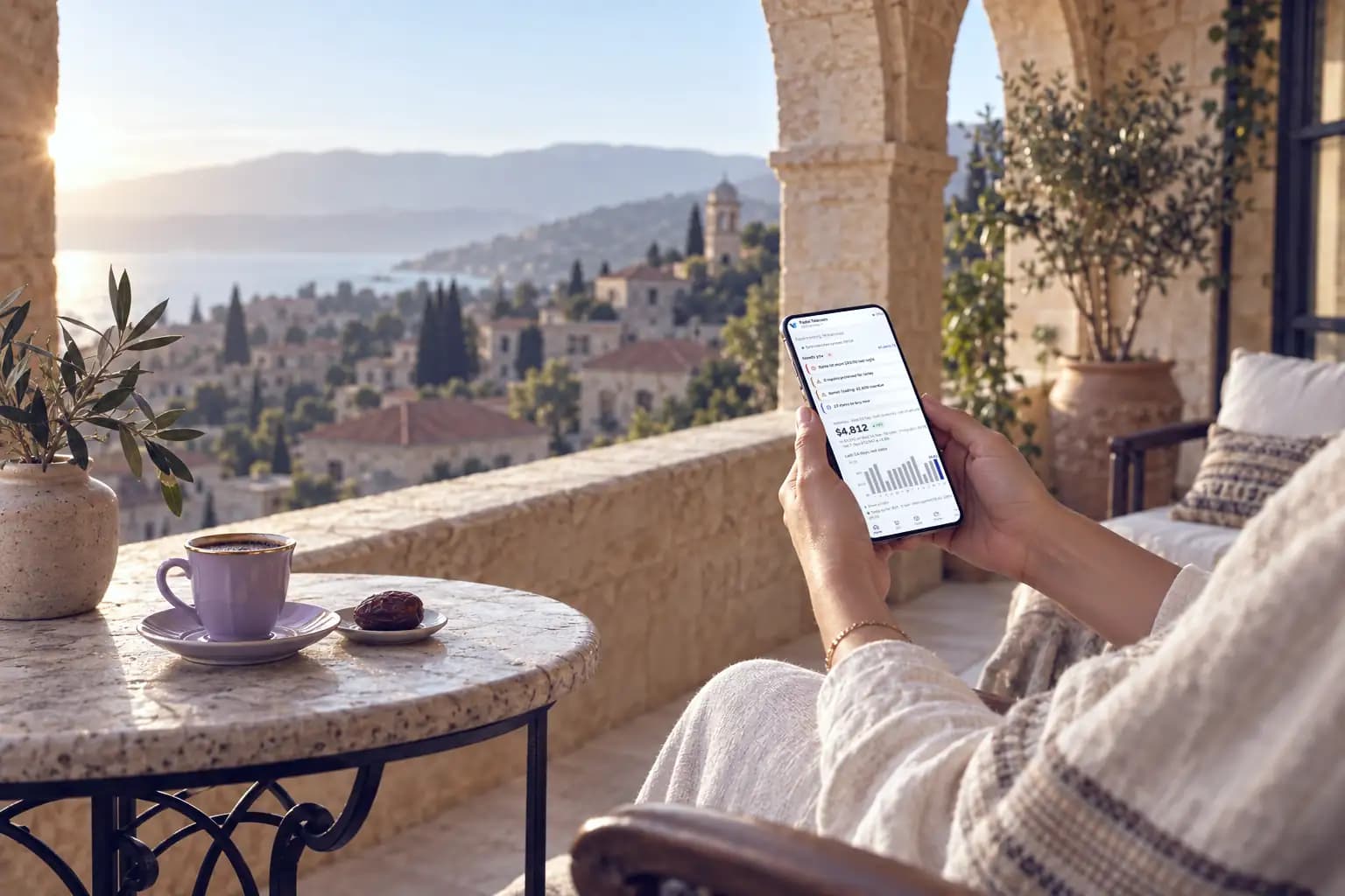 Morning on a stone balcony over the sea: the owner holds a phone showing yesterday’s sales and four things that need attention.