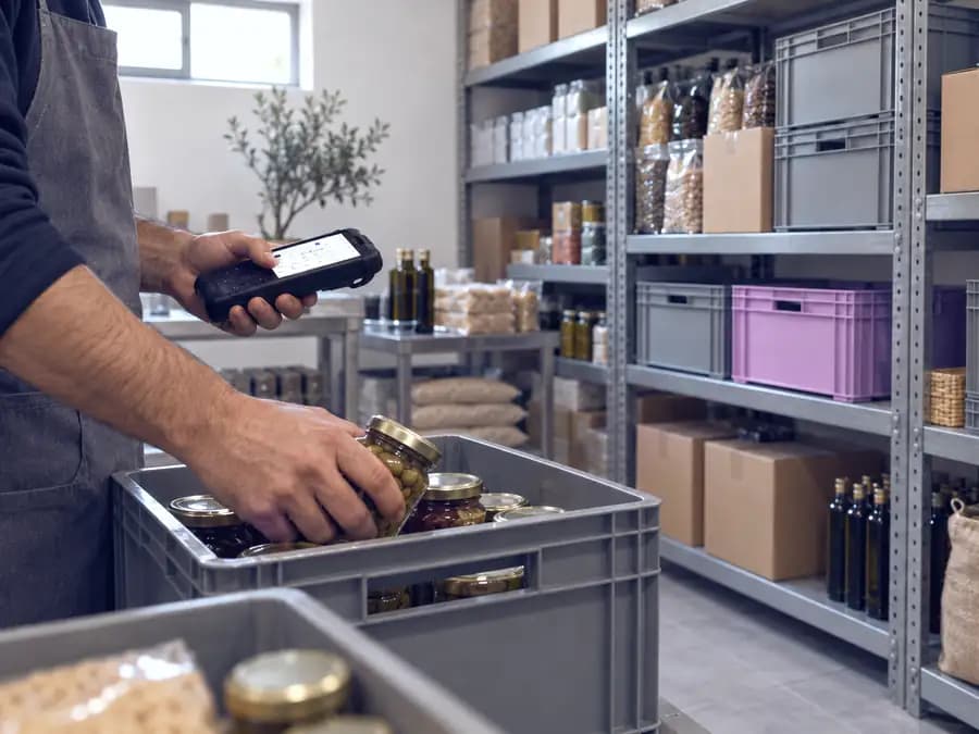 A stockroom: a worker scans jars from a crate with a handheld scanner.