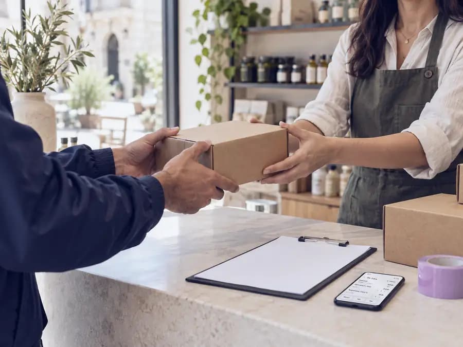 A supplier hands a box across the counter; a phone on the counter shows the delivery.